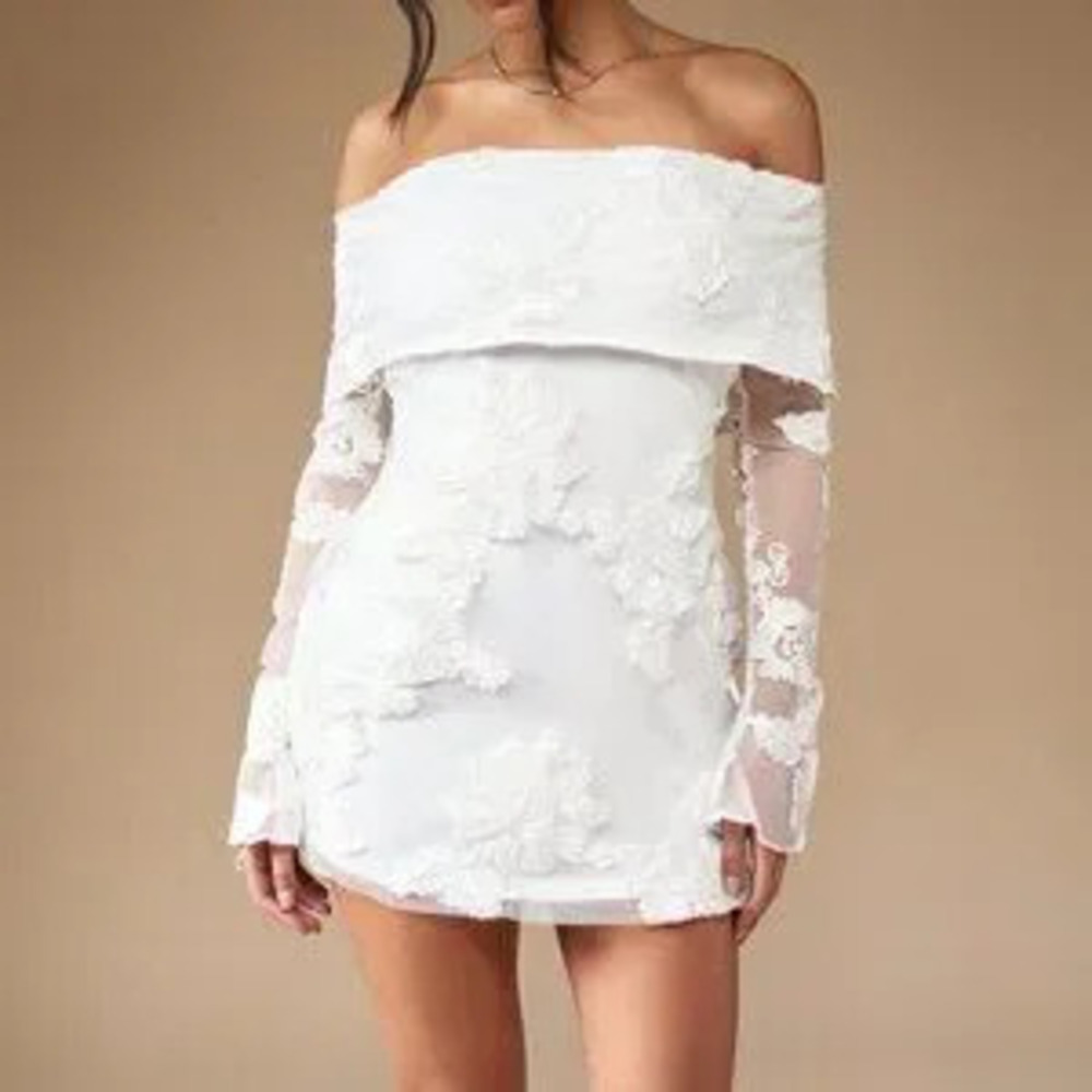 ZARA White Elegant Womens Embroidered Off Shoulder Long Sleeve Mini Bardot Dress